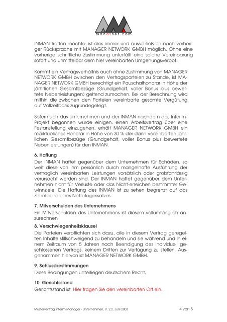 Muster-Vertrag: Interim Manager und UNTERNEHMEN - Manatnet