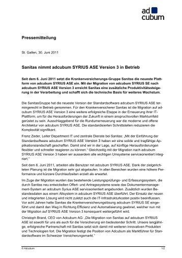 Pressemitteilung Sanitas nimmt adcubum SYRIUS ASE Version 3 in ...