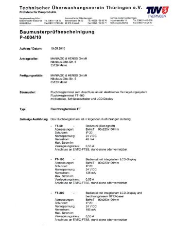 Baumuster Prüfbescheinigung FT-Fluchtweg-Terminals TÜV ...