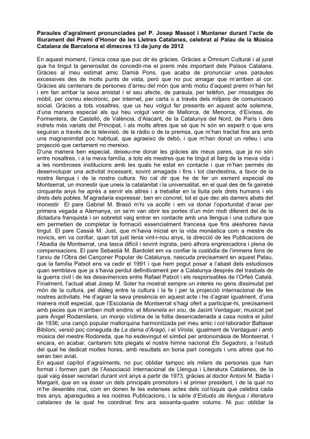 Paraules d'agraïment pronunciades pel P. Josep Massot i Muntaner