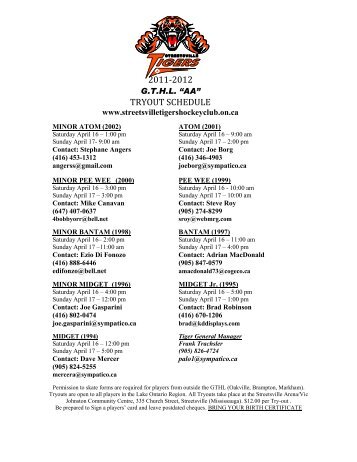 2011-2012 TRYOUT SCHEDULE - Streetsville Tigers