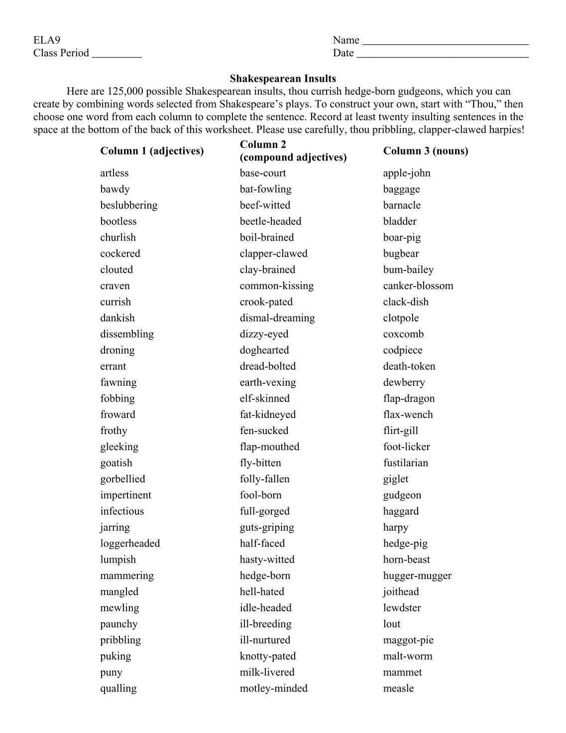 Worksheets Imago Dialogue Worksheet insults worksheet defendusinbattleblog shakespearean defendusinbattleblog