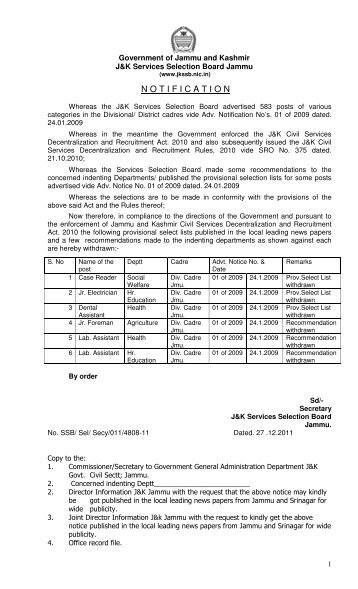 Advertisement Notice No. 02 of 2011 - J&K Services Selection Board