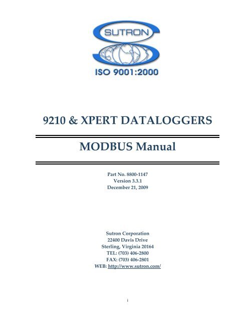 9210 & XPERT DATALOGGERS MODBUS Manual - Sutron ...