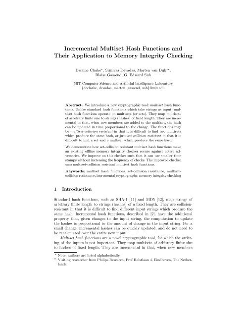 Incremental Multiset Hash Functions and Their Application to ...