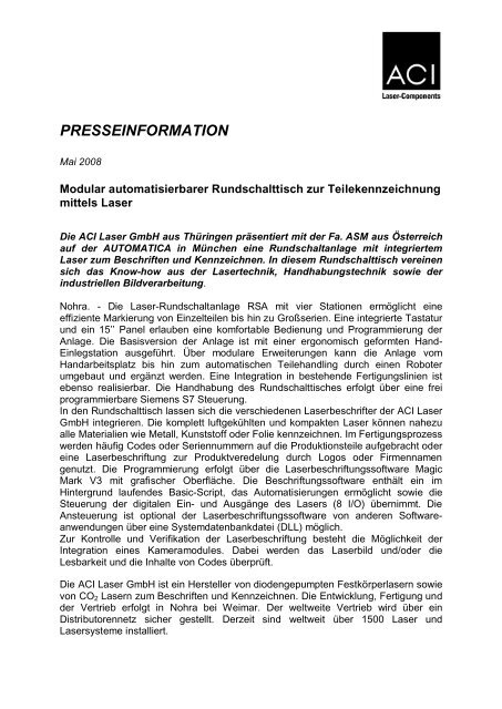 PRESSEINFORMATION - ACI Laser