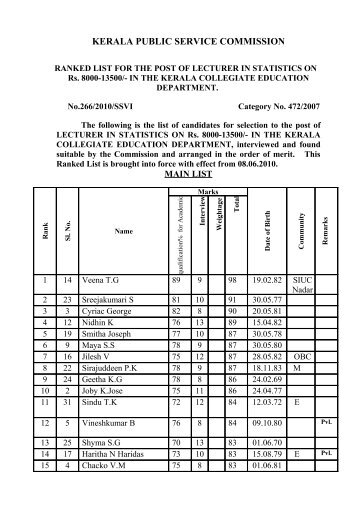 Lecturer in Statistics - Kerala Public Service Commission