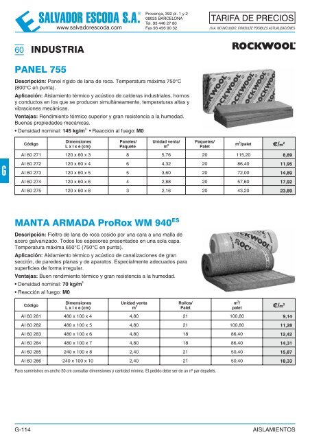 Tarifa de Precios - Aislamientos - Salvador Escoda SA