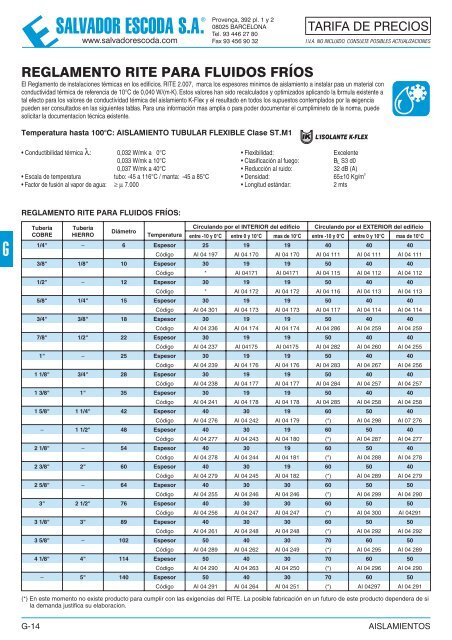 Tarifa de Precios - Aislamientos - Salvador Escoda SA