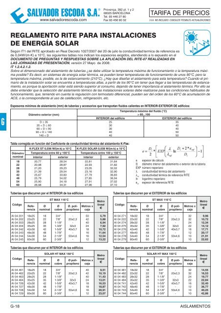 Tarifa de Precios - Aislamientos - Salvador Escoda SA