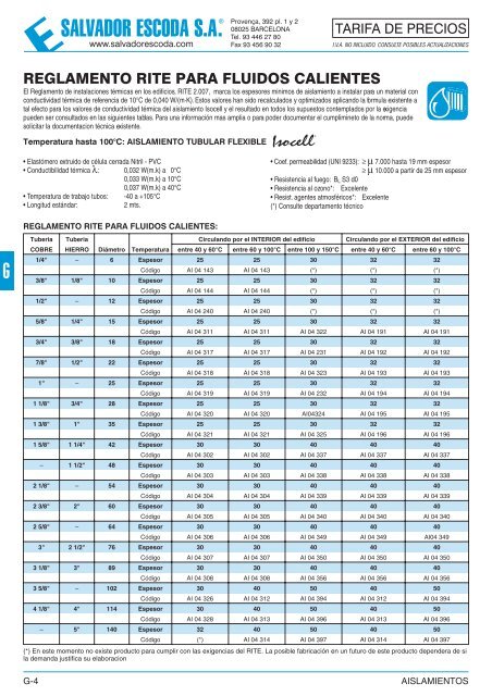 Tarifa de Precios - Aislamientos - Salvador Escoda SA