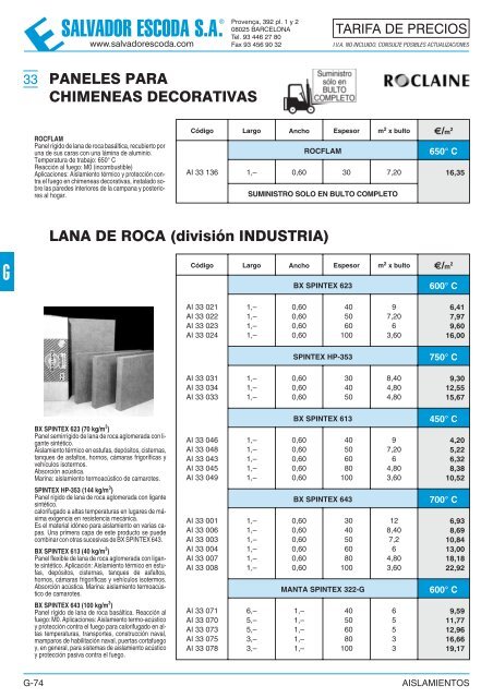 Tarifa de Precios - Aislamientos - Salvador Escoda SA