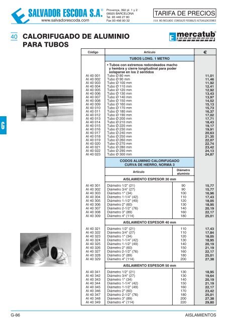 Tarifa de Precios - Aislamientos - Salvador Escoda SA