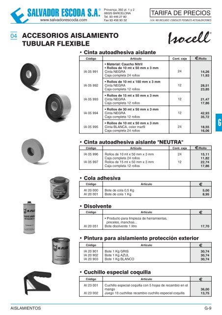 Tarifa de Precios - Aislamientos - Salvador Escoda SA