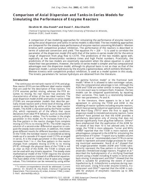 Comparison of Axial Dispersion and Tanks-in-Series Models for ...