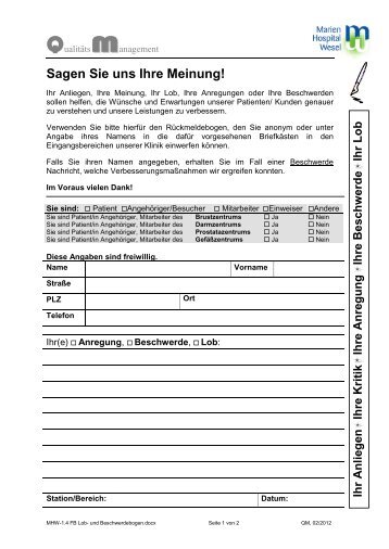 Lob und Beschwerdemanagement - Marien-Hospital Wesel