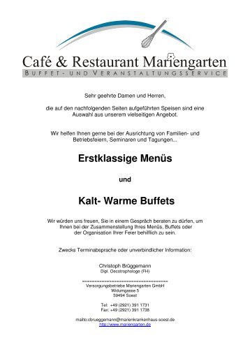 Erstklassige Menüs Kalt- Warme Buffets - Marienkrankenhaus Soest