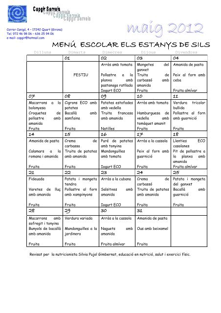 MENÚ ESCOLAR Els Estanys maig 2012