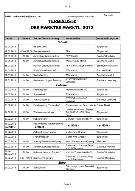 Veranstaltungskalender 2013 - Markt Marktl