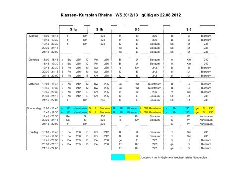 Sonderplan zum Stundenplan - Abendgymnasium