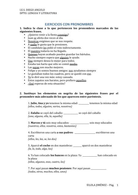 Resultado de imagen de ejercicios pronombres