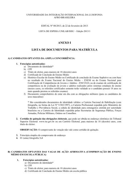 ANEXO I LISTA DE DOCUMENTOS PARA MATRÍCULA - Unilab