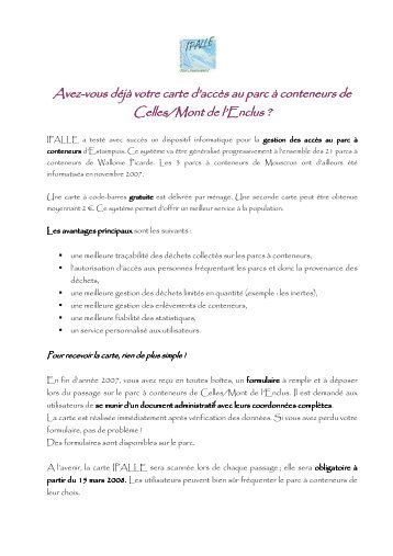 Ipalle carte d'accès au parc à conteneurs - Mont-de-l'Enclus