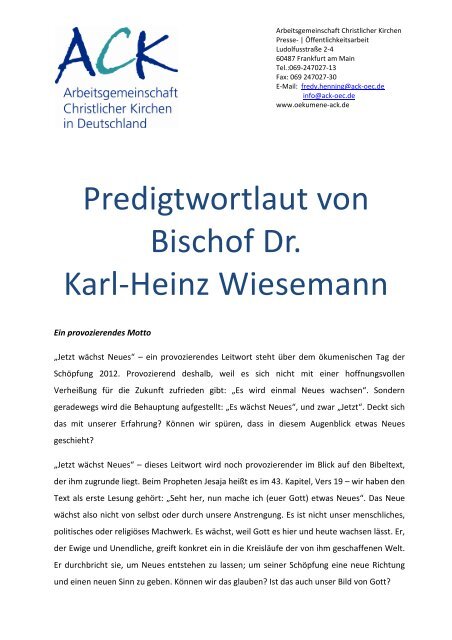 Predigt Bischof Dr. Karl-Heinz Wiesemann - Arbeitsgemeinschaft ...