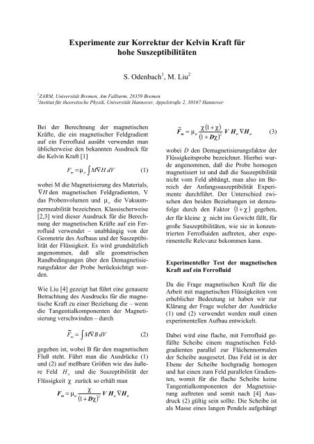Experimente zur Korrektur der Kelvin Kraft für hohe Suszeptibilitäten