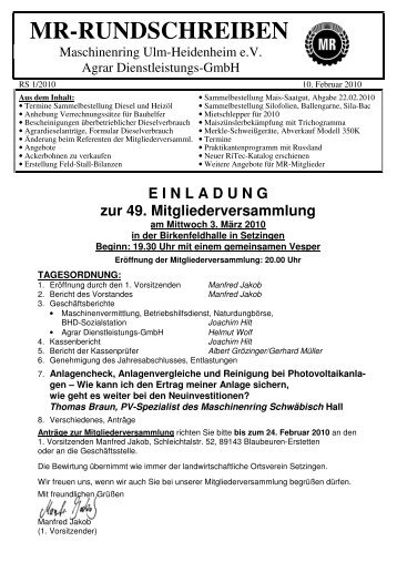 MR-RUNDSCHREIBEN - Maschinenring e.V. Ulm-Heidenheim