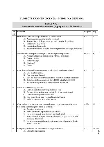 SUBIECTE EXAMEN LICENŢĂ – MEDICINA DENTARĂ TEMA NR. 1 ...