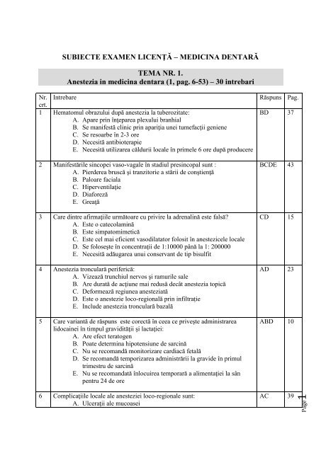 Subiecte Examen Licenţă Medicina Dentară Tema Nr 1