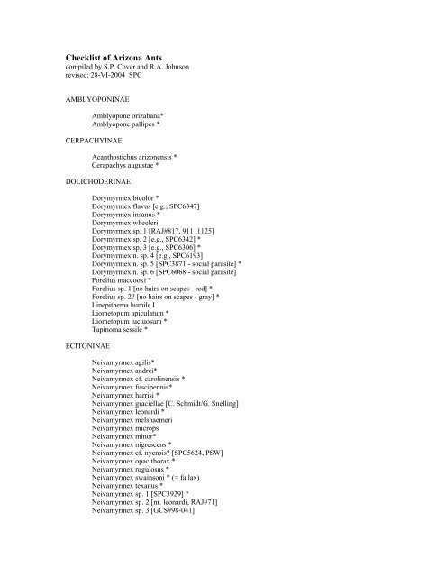 Checklist of Arizona Ants