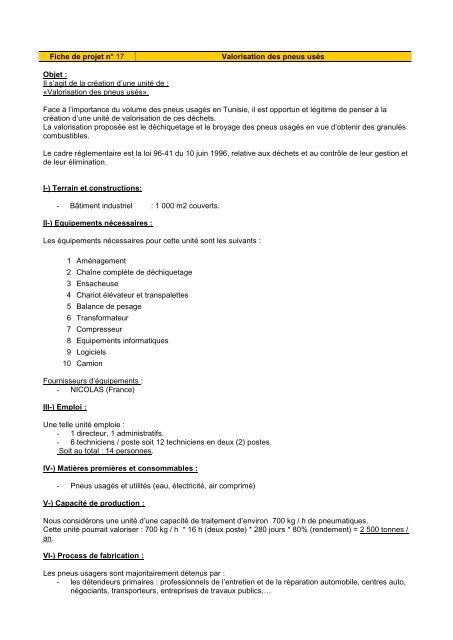 Fiche de projet n° 17 Valorisation des pneus usés ... - Tunisie industrie