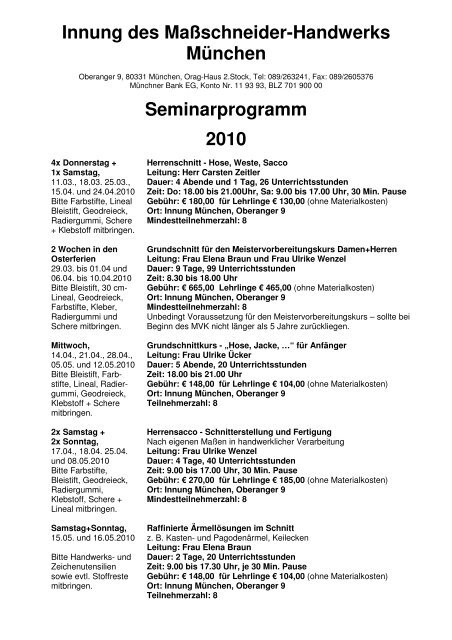 Innung Des Massschneider Handwerks Munchen Seminarprogramm