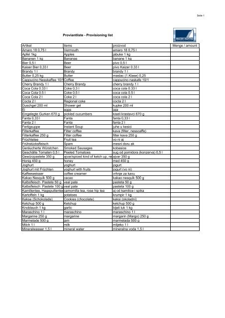 Proviantliste - Provisioning list Artikel items ... - Master Yachting