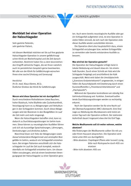 Merkblatt zur Operation der Halsschlagader - Marienhospital Stuttgart