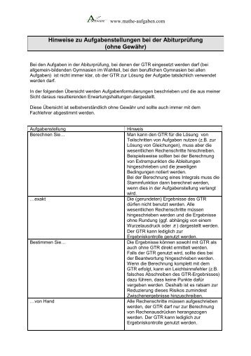 Hinweise zu Aufgabenstellungen bei der ... - Mathe-Aufgaben