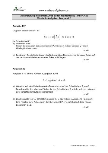 Abiturprüfung Mathematik 2006 Wahlteil Analysis ... - Mathe-Aufgaben