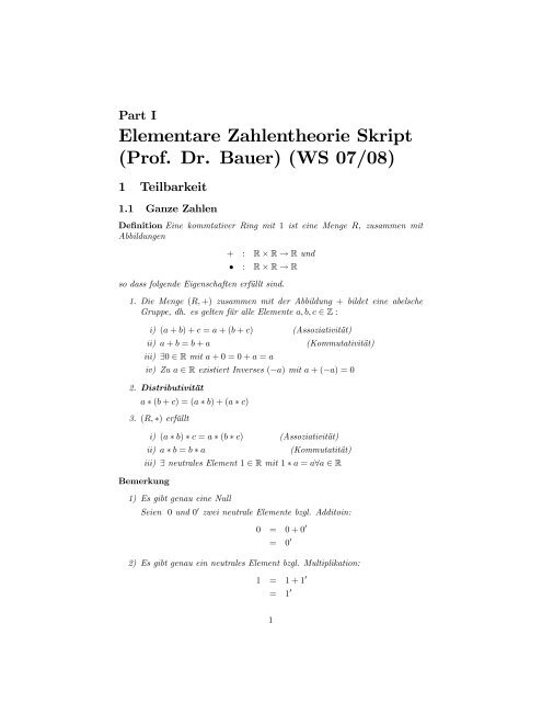 Elementare Zahlentheorie Skript (Prof. Dr. Bauer) (WS 07/08)