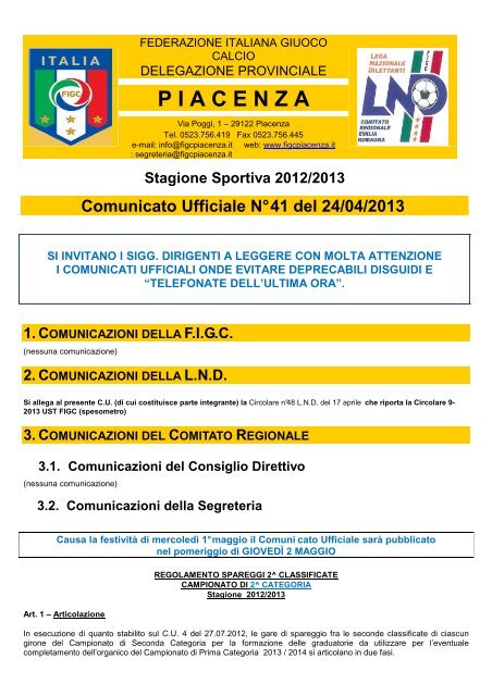 Comunicato Ufficiale n. 41 - F.I.G.C - Piacenza