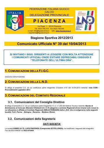 Comunicato N° 39 del 10 aprile 2013 - F.I.G.C - Piacenza