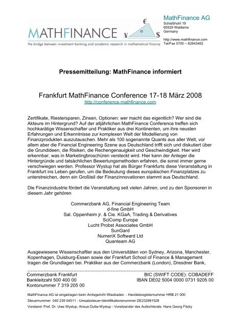 Pressemitteilung Frankfurt Mathfinance Conference 17 18 March