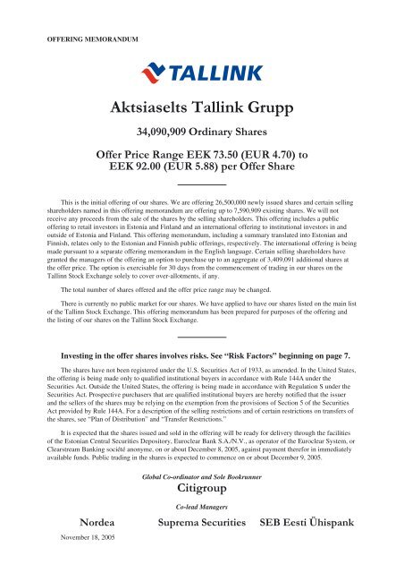 Aktsiaselts Tallink Grupp - NASDAQ OMX Baltic