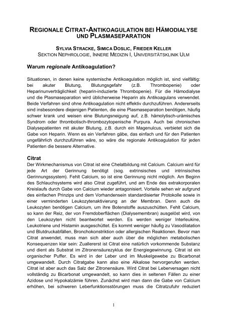Regionale Antikoagulation mit Citrat bei HD und Plasmaseperation