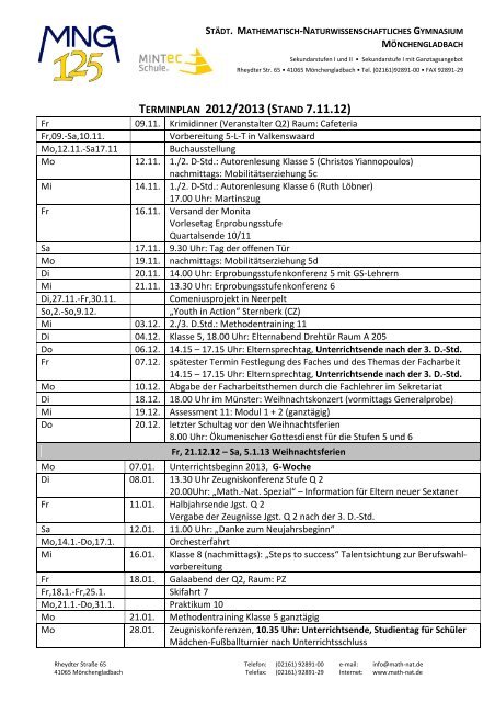 neuer Terminplan - Math.-Nat. Gymnasium MÃ¶nchengladbach