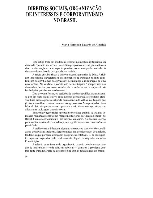 direitos sociais, organização de interesses e corporativismo no brasil