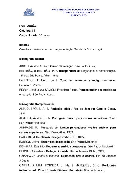 ADEQUAÇÃO DE EMENTÁRIOS DO CURSO DE ADMINISTRAÇÃO