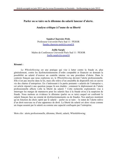 Parler ou se taire ou le dilemme du salarié lanceur d'alerte. Analyse ...