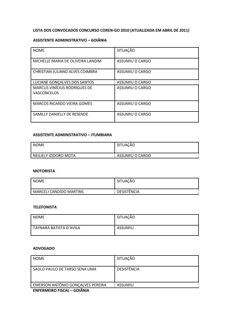 LISTA DE CONVOCADOS - Coren